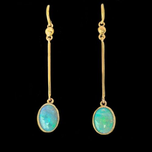 Vintage Opal Drop Earrings in 18 Carat Gold Long Dangle Earrings 1950s