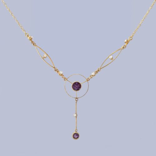 Edwardian 18ct Gold Amethyst and Old Cut Diamond Lavalier Necklace, Antique Ca 1910