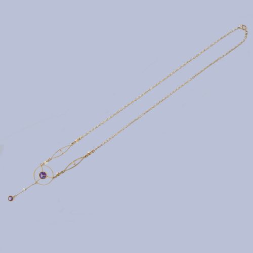 fig 2. An Edwardian 18ct gold lavalier necklace featuring openwork geometric wire loops set with small diamonds, a central round bezel-set amethyst, and a vertical drop terminating in a second amethyst stone.