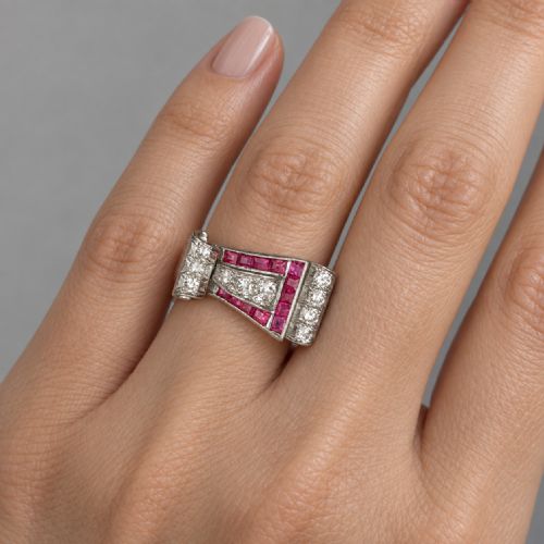 fig 1. A platinum Art Deco buckle ring featuring channel-set red rubies and pave-set old cut diamonds forming a curved scroll motif.