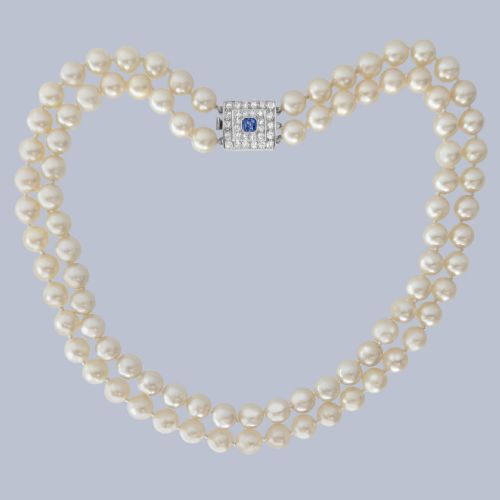 Art Deco Double Strand Pearl Necklace with Sapphire Diamond 18ct White Gold Clasp,1920s Certified Pearls, Restrung