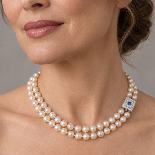 fig 1. A double strand cream pearl necklace featuring a square 18ct white gold clasp set with a central square blue sapphire and accent diamonds.