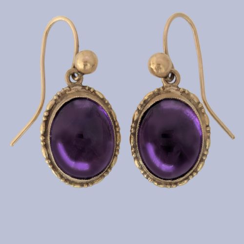 Vintage Amethyst Drop Earrings 9ct Gold Hallmarked 1968, Victorian Style with Shepherds Hooks