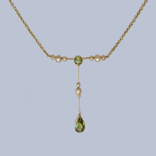 Edwardian Peridot & Seed Pearl Necklace 15ct Gold Ca 1910 Art Nouveau Antique Pendant