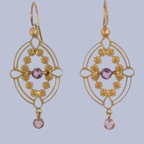 Edwardian  Amethyst Drop Earrings in 9ct Gold – Antique Openwork Floral Design