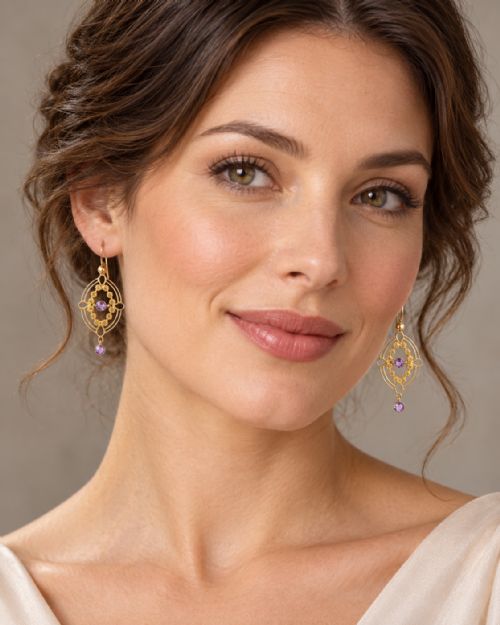 fig 4. A pair of Edwardian 9ct gold drop earrings featuring an openwork oval frame, a central round amethyst, floral details, and a dangling amethyst bottom drop.