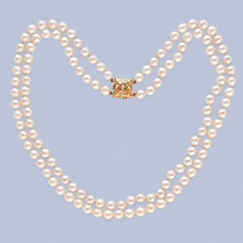 Vintage Double Strand Cultured Pearl Necklace with 14ct Gold Diamond Clasp Circa 1950s