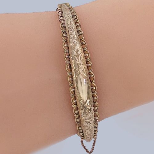 Edwardian 9ct Rose Gold Bangle Hallmarked Chester 1904 - Antique Foliate Engraved Hinged Bangle