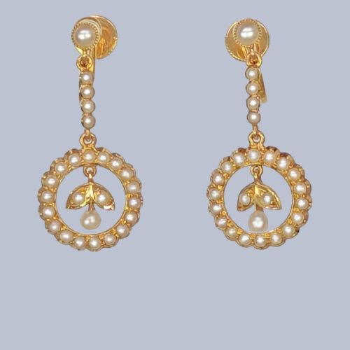 Edwardian Seed Pearl Drop Earrings 15ct Gold Antique Screw Back Foliate Dangle Ca 1900