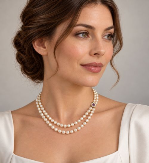 fig 1. A long single strand of creamy white cultured pearls featuring a 9ct gold flower cluster clasp set with a central purple amethyst.