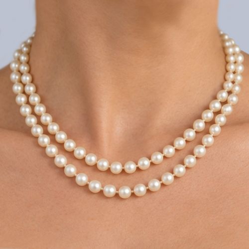 fig 7. A long single strand of creamy white cultured pearls featuring a 9ct gold flower cluster clasp set with a central purple amethyst.