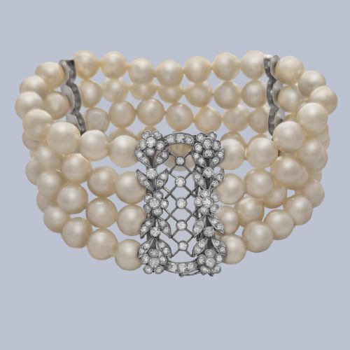 Edwardian Four-strand Pearl Bracelet with Old-cut Diamond Floral Clasp in 15ct Gold Restrung Antique Ca 1910