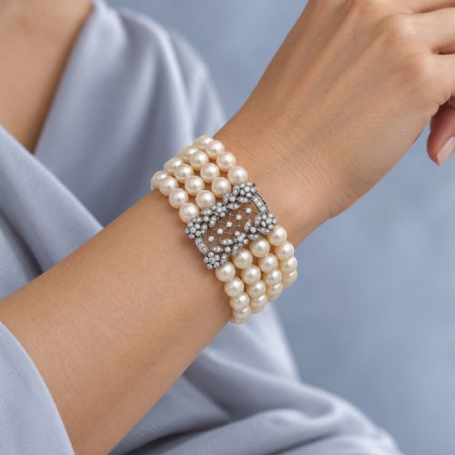 fig 10. An Edwardian four-strand pearl bracelet featuring a central openwork diamond floral clasp in white metal.
