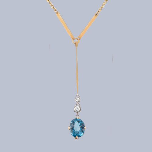 Edwardian 15ct Gold Blue Topaz & Old Cut Diamond Lavalier Necklace – Antique Circa 1910