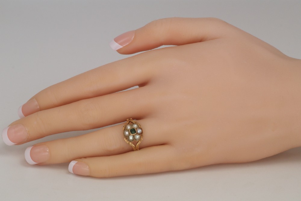 Georgian 15ct Gold Emerald & Pearl Antique Cluster Ring Circa 1820 Regency Memorial View V