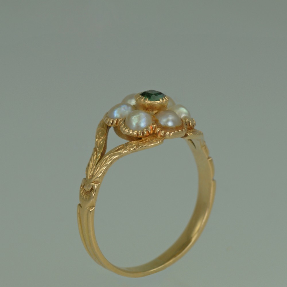 Georgian 15ct Gold Emerald & Pearl Antique Cluster Ring Circa 1820 Regency Memorial View VI