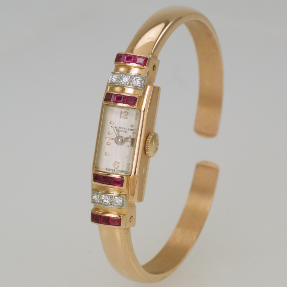Art Deco Baume & Mercier 18ct Gold Diamond & Ruby Vintage Bangle Watch 1940's