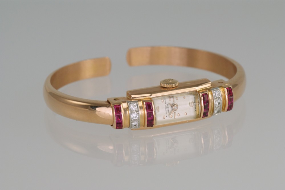 Art Deco Baume & Mercier 18ct Gold Diamond & Ruby Vintage Bangle Watch 1940's View III