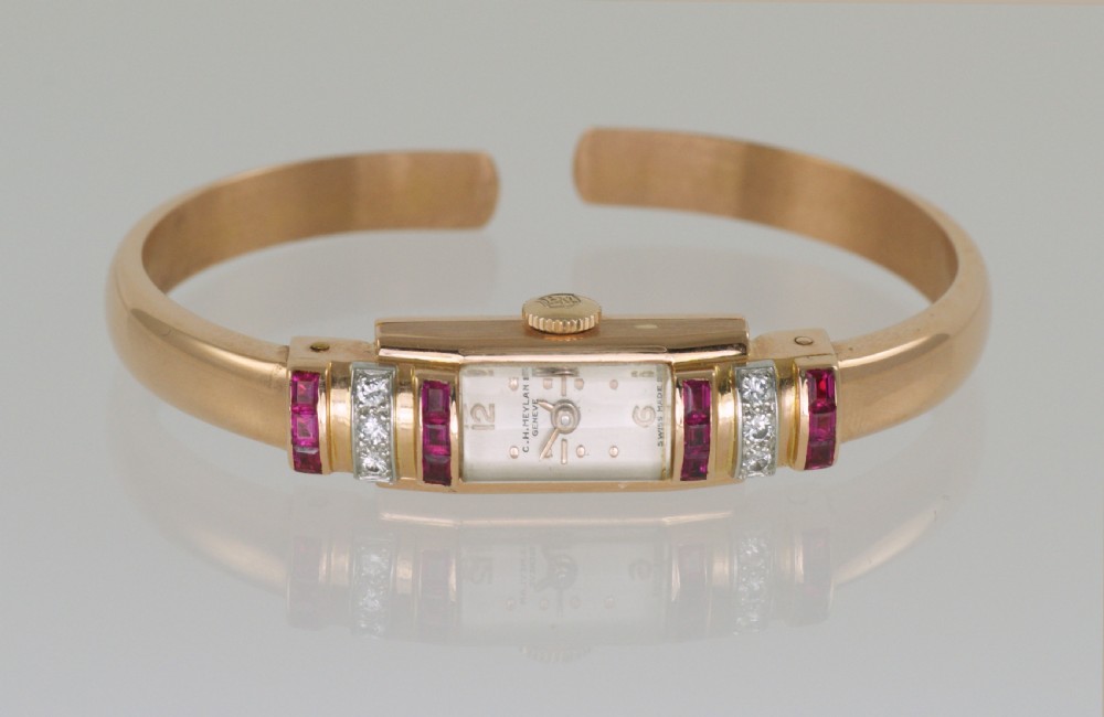 Art Deco Baume & Mercier 18ct Gold Diamond & Ruby Vintage Bangle Watch 1940's View IV