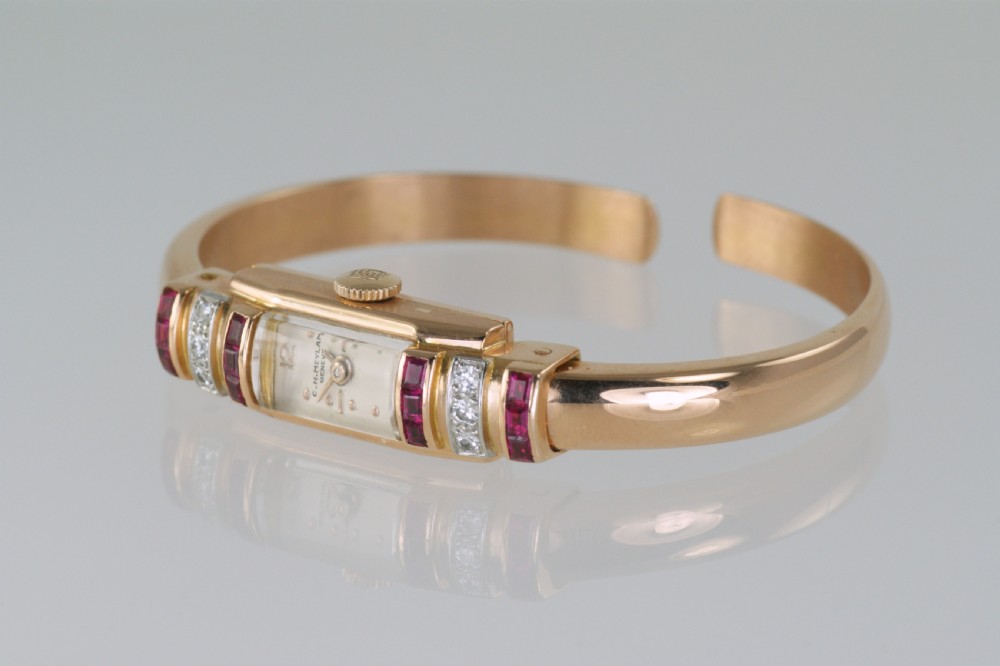 Art Deco Baume & Mercier 18ct Gold Diamond & Ruby Vintage Bangle Watch 1940's View V