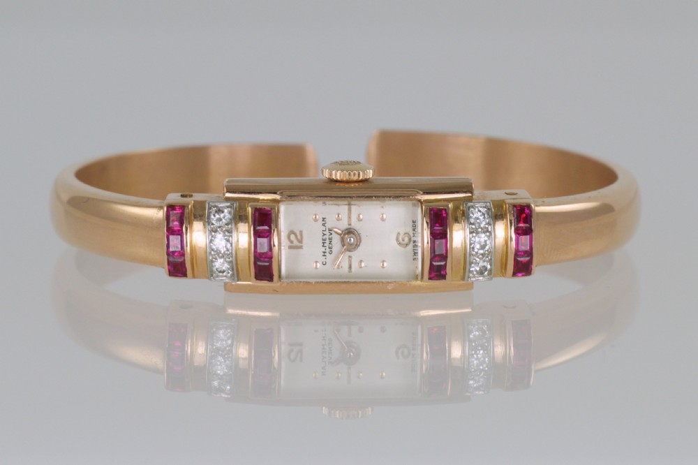 Art Deco Baume & Mercier 18ct Gold Diamond & Ruby Vintage Bangle Watch 1940's View VI