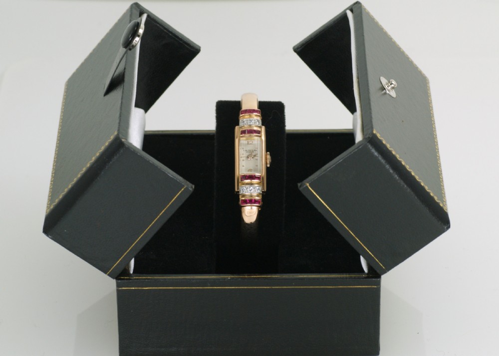 Art Deco Baume & Mercier 18ct Gold Diamond & Ruby Vintage Bangle Watch 1940's View XI