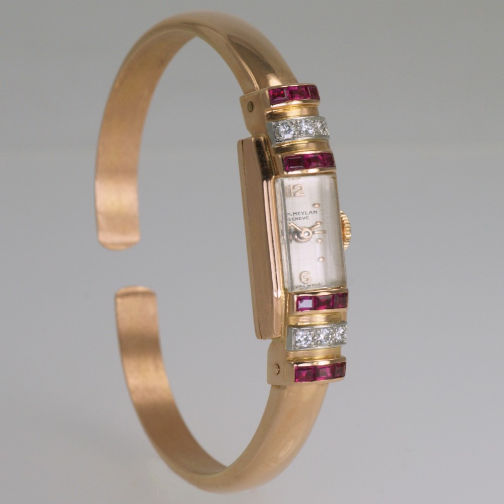 Art Deco Baume & Mercier 18ct Gold Diamond & Ruby Vintage Bangle Watch 1940's View XII