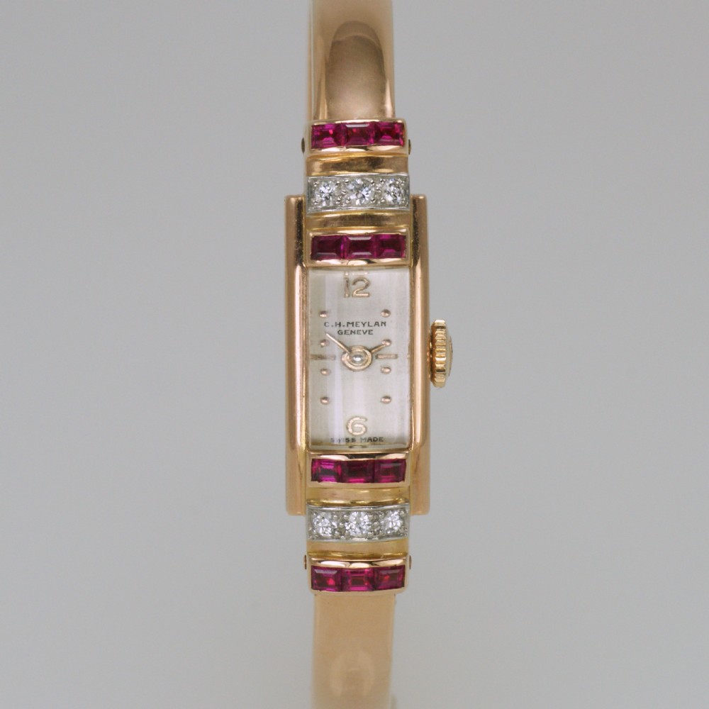 Art Deco Baume & Mercier 18ct Gold Diamond & Ruby Vintage Bangle Watch 1940's View XIII
