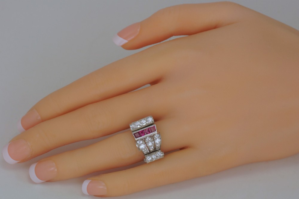 Diamond & Ruby 1940's Large Retro Ring 18ct Gold Art Deco Antique Cocktail Ring  View III