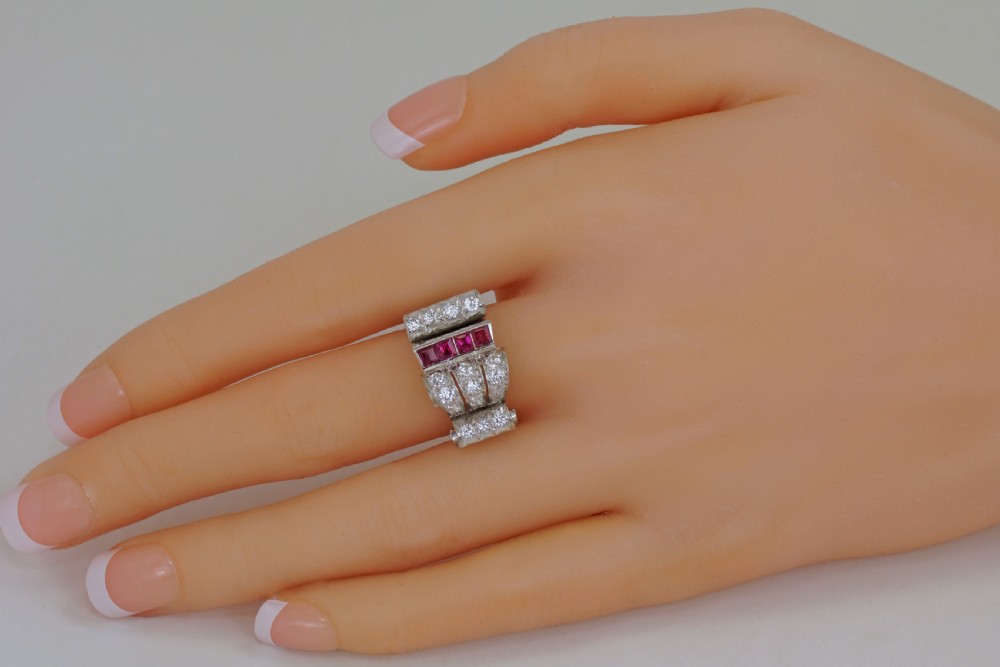 Diamond & Ruby 1940's Large Retro Ring 18ct Gold Art Deco Antique Cocktail Ring  View IV