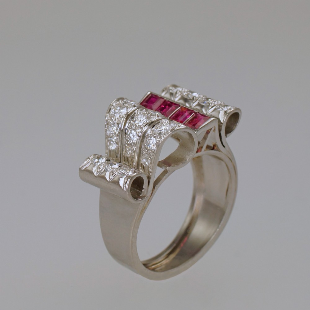 Diamond & Ruby 1940's Large Retro Ring 18ct Gold Art Deco Antique Cocktail Ring  View VIII