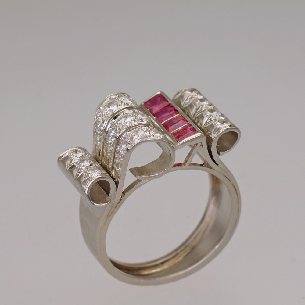 Diamond & Ruby 1940's Large Retro Ring 18ct Gold Art Deco Antique Cocktail Ring  View IX