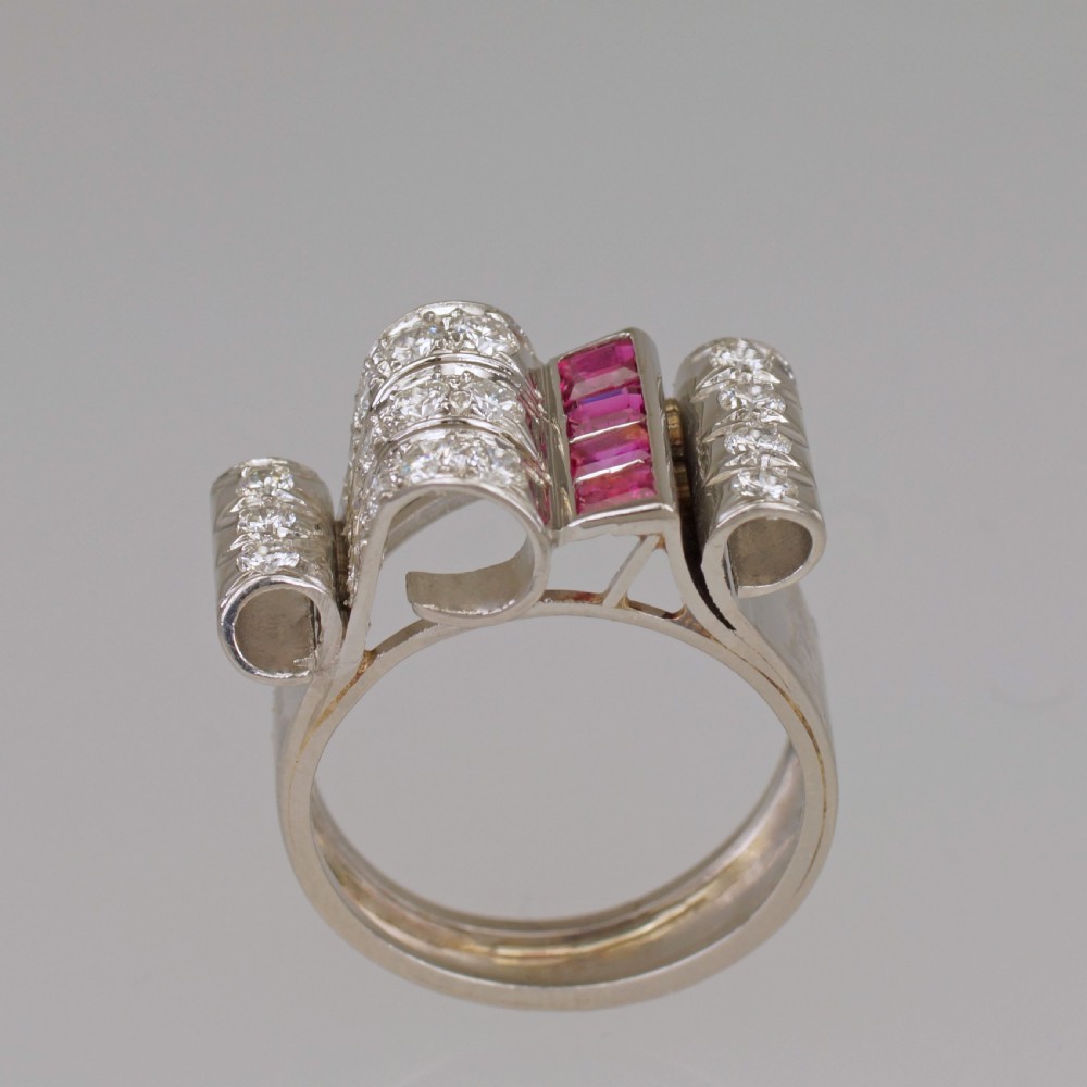 Diamond & Ruby 1940's Large Retro Ring 18ct Gold Art Deco Antique Cocktail Ring  View XII