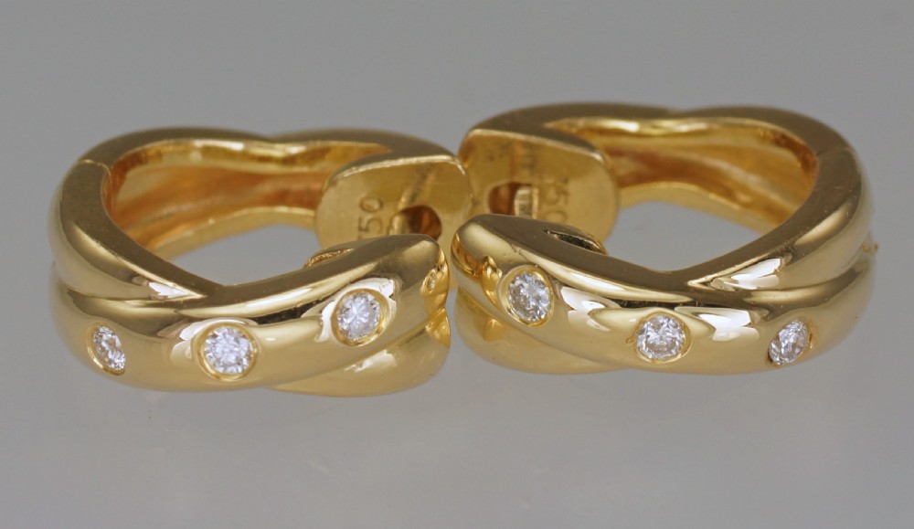 18ct Gold Diamond Double Hoop Vintage Hinged Snap Closure & Post 12mm Earrings View II