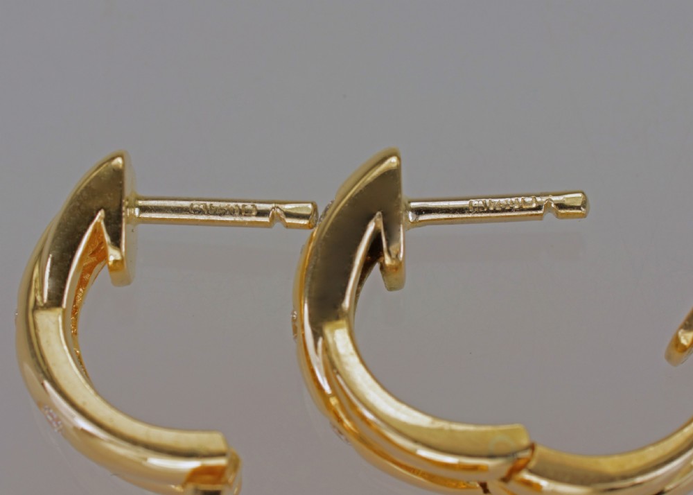 18ct Gold Diamond Double Hoop Vintage Hinged Snap Closure & Post 12mm Earrings View V