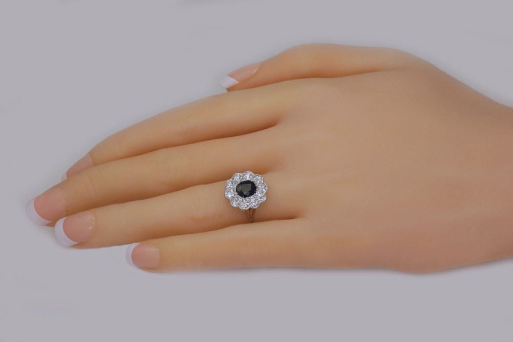 Sapphire & 1.50ct Old Cut Diamond Platinum Edwardian Ring Antique English Cluster Ring View II