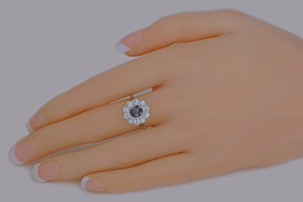 Sapphire & 1.50ct Old Cut Diamond Platinum Edwardian Ring Antique English Cluster Ring View VI