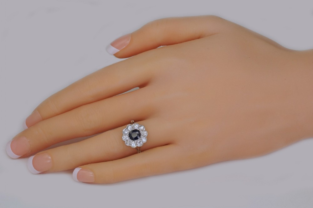 Sapphire & 1.50ct Old Cut Diamond Platinum Edwardian Ring Antique English Cluster Ring View VII