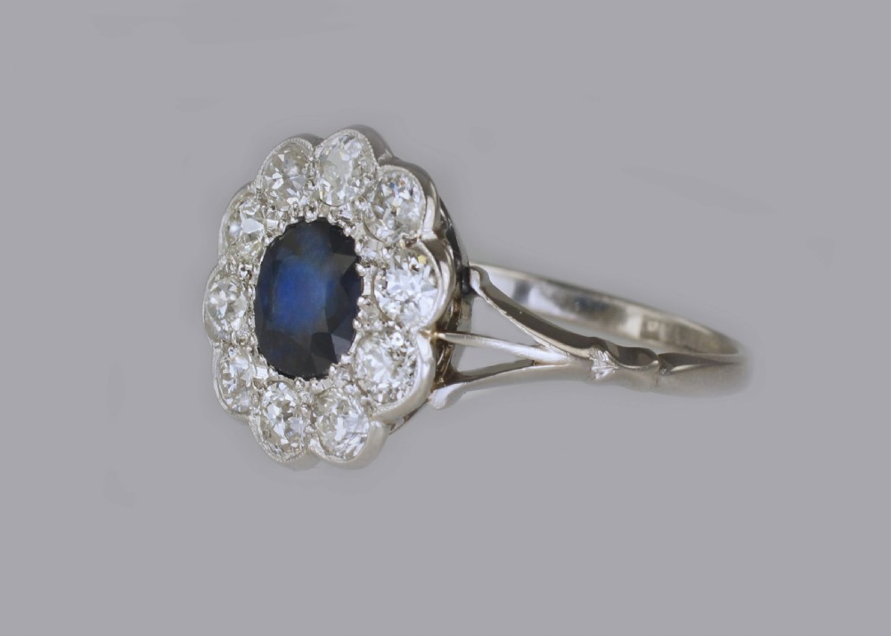 Sapphire & 1.50ct Old Cut Diamond Platinum Edwardian Ring Antique English Cluster Ring View X