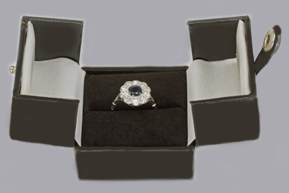 Sapphire & 1.50ct Old Cut Diamond Platinum Edwardian Ring Antique English Cluster Ring View XI