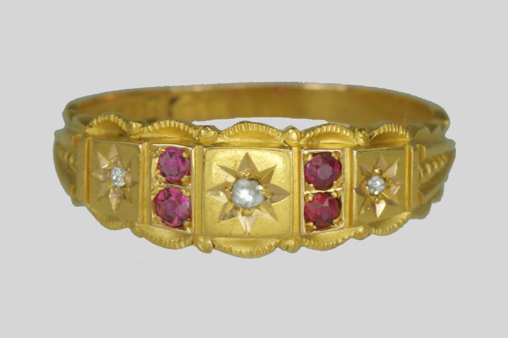 Victorian 15ct Gold Ruby & Old Cut Diamond Antique Etruscan Revival English Ring
