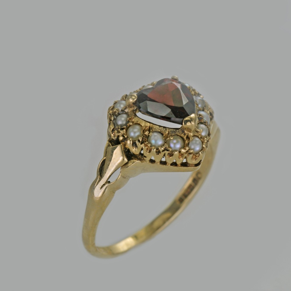Vintage Garnet & Pearl 9ct Gold Cluster Victorian Style Heart Ring Hallmarked London 1960 View II