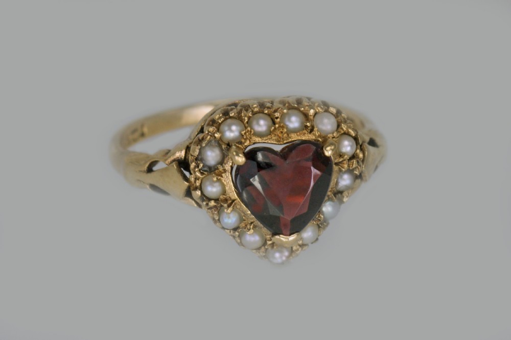 Vintage Garnet & Pearl 9ct Gold Cluster Victorian Style Heart Ring Hallmarked London 1960 View V