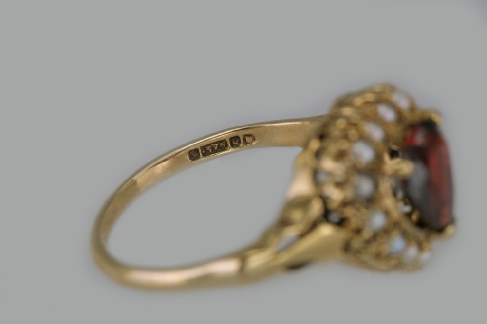 Vintage Garnet & Pearl 9ct Gold Cluster Victorian Style Heart Ring Hallmarked London 1960 View IX