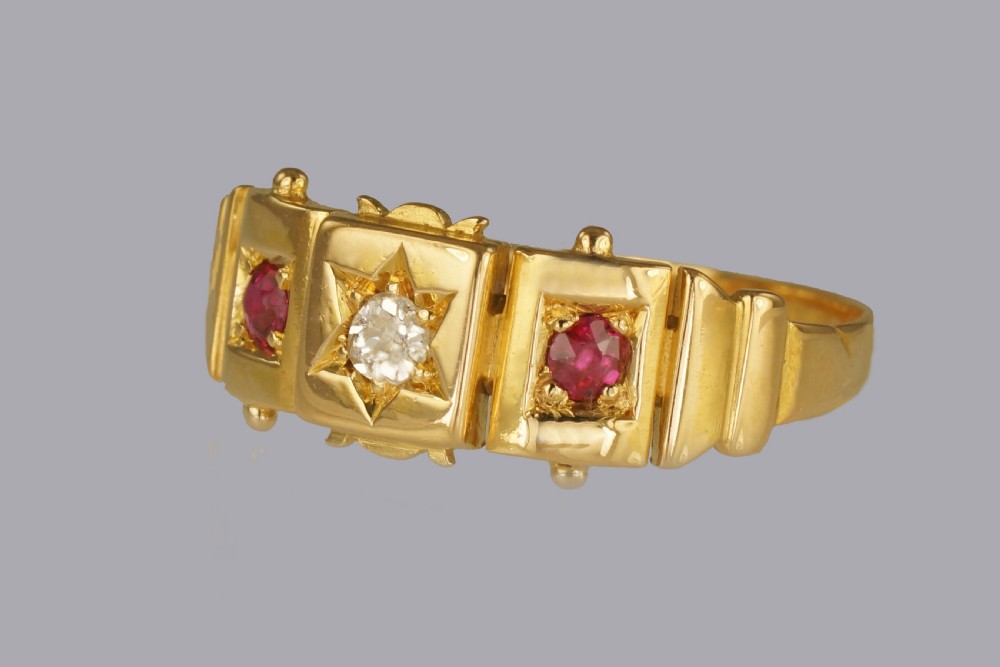 Victorian 18ct Gold Diamond & Ruby Antique Etruscan Ring Hallmarked London 1897 View III