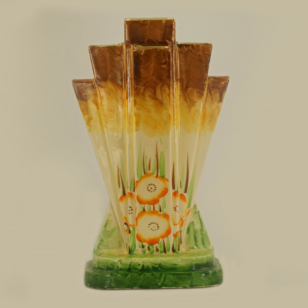 Myott Son & Co Art Deco Pyramid Vase Rare Hand Painted Poppy Design Fan Vase