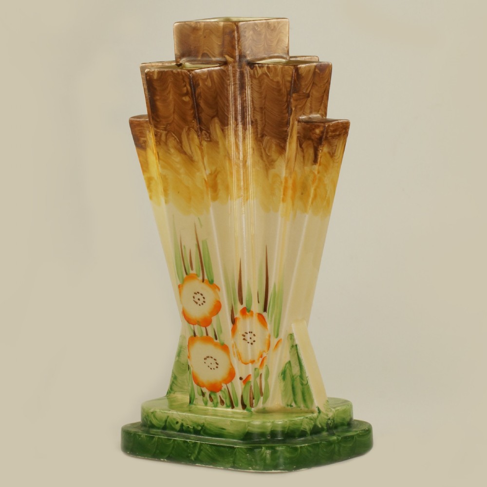 Myott Son & Co Art Deco Pyramid Vase Rare Hand Painted Poppy Design Fan Vase View IV