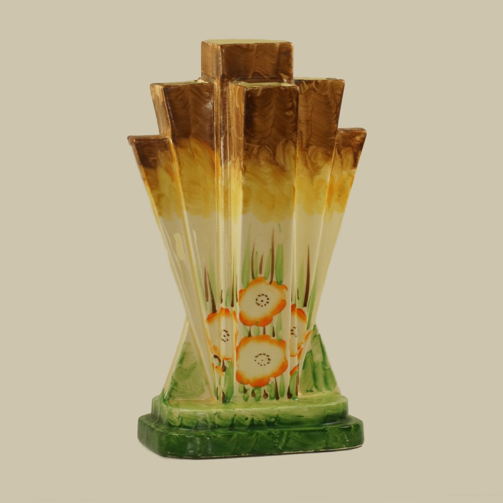 Myott Son & Co Art Deco Pyramid Vase Rare Hand Painted Poppy Design Fan Vase View V
