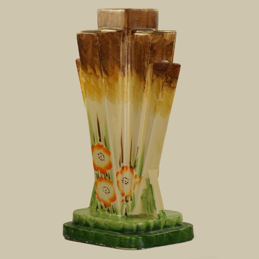Myott Son & Co Art Deco Pyramid Vase Rare Hand Painted Poppy Design Fan Vase View VI