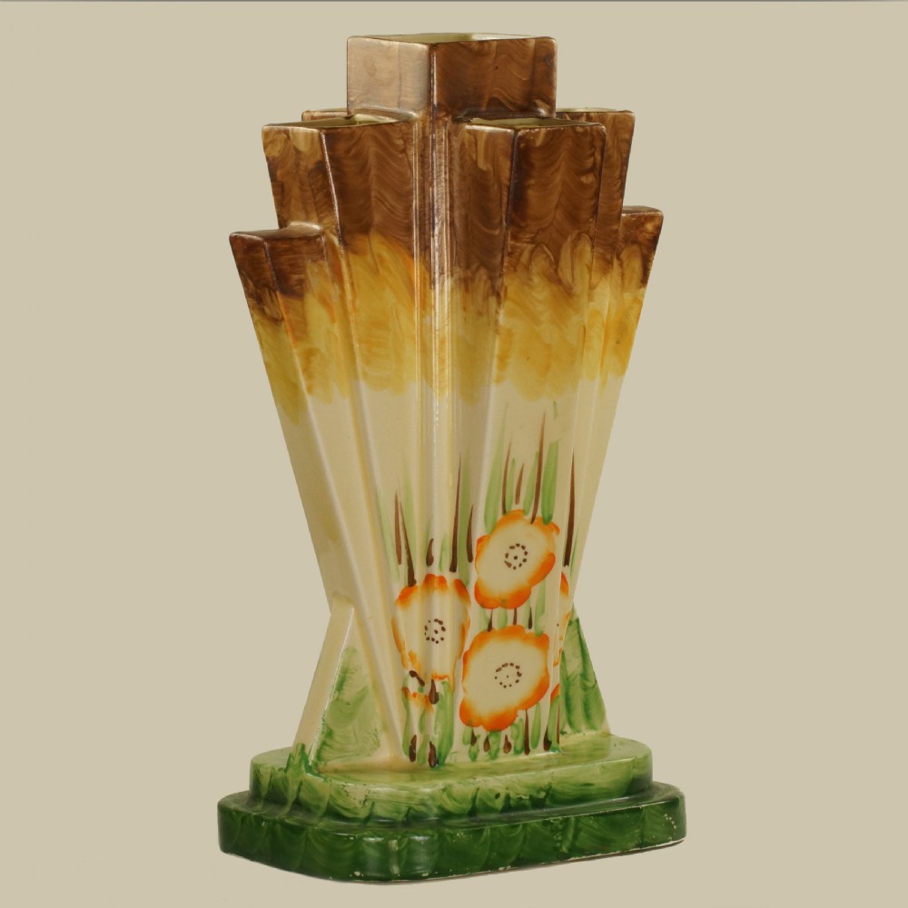 Myott Son & Co Art Deco Pyramid Vase Rare Hand Painted Poppy Design Fan Vase View VII